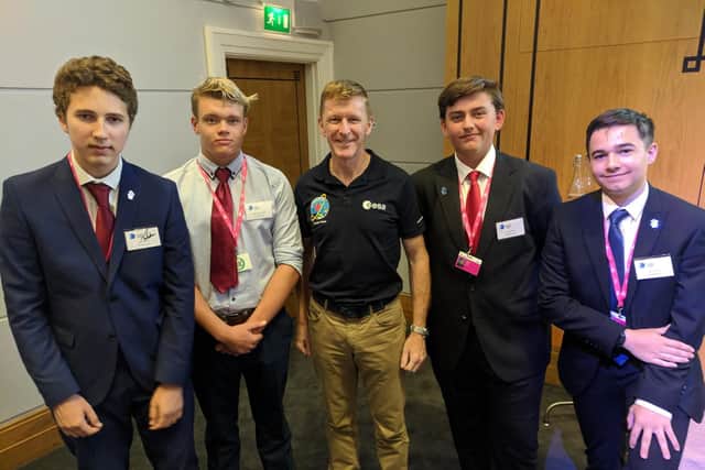 From left, Andrei Mosora, Elliott Gilkes-Strong, astronaut Tim Peake, Dewald Roos and Ethan Wilson. Picture: Supplied