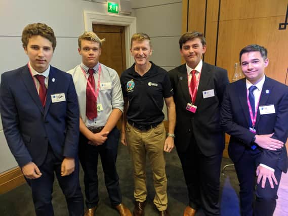 From left, Andrei Mosora, Elliott Gilkes-Strong, astronaut Tim Peake, Dewald Roos and Ethan Wilson. Picture: Supplied