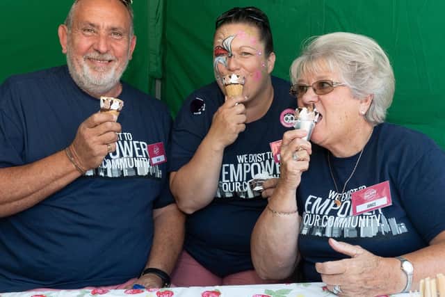 Mark Ward, Jacqui Lamb and Janice Russell cool off with an ice cream