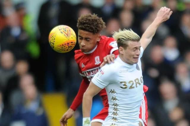 Leeds United's Gianni Alioski takes on Boro's Marcus Tavernier. Picture: Jonathan Gawthorpe/ PA Wire