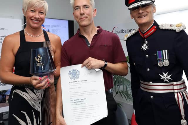 From left, Karen Turnbull, CEO Malcolm Turnbull and Lord Lt of Hampshire Nigel Atkinson. Loadbalancer are presented with the Queen's Award for Enterprise 2018 in the International Trade category. Pictured at their headquarters in North Harbour Business Park, Portsmouth