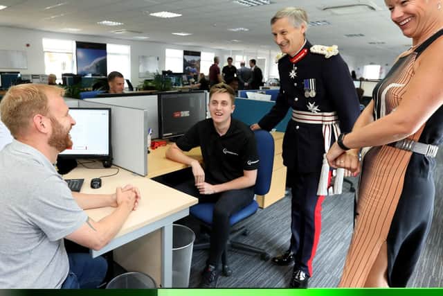 From left, Jake Borman, Ian Fraser, Lord Lt of Hampshire Nigel Atkinson and Karen Turnbull. Loadbalancer are presented with the Queen's Award for Enterprise 2018 in the International Trade category.