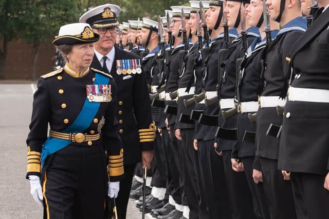 HRH Princess Anne attended HMS Collingwood's ceremonial divisions inspected the guard, presenting awards and takeing the salute from gathered Royal Navy Personal. Picture: Keith Woodland