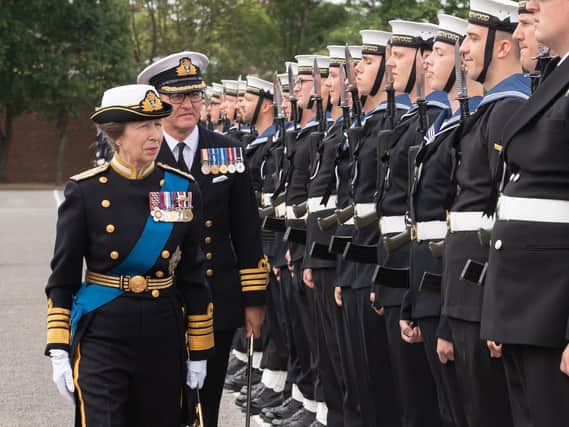 HRH Princess Anne attended HMS Collingwood's ceremonial divisions inspected the guard, presenting awards and takeing the salute from gathered Royal Navy Personal. Picture: Keith Woodland