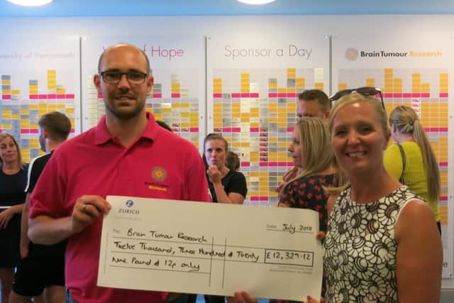 Colleagues from Zurich raised more than 12,000 for Brain Tumour Research in memory of their colleague Amanda Pay who died of the condition. Pictured is Tim Green, from the charity, and Wendy Fearnley, from Zurich.