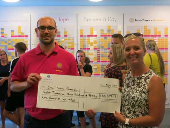Colleagues from Zurich raised more than 12,000 for Brain Tumour Research in memory of their colleague Amanda Pay who died of the condition. Pictured is Tim Green, from the charity, and Wendy Fearnley, from Zurich.