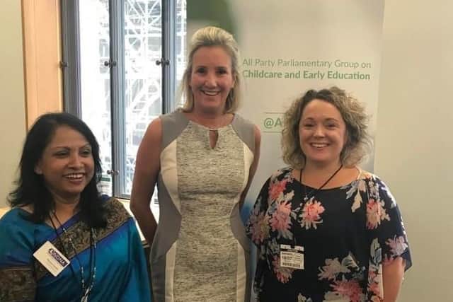 From left, chief executive of the National Day Nurseries Association Purnima Tanuku OBE, Gosport MP Caroline Dinenage, and head of Rowner Family Centre Nicole Atkinson. Picture: Supplied