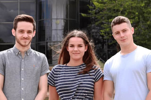 Carl Hewitt and Reece Matthews, founders and directors of Digital Dinos, a digital marketing agency based at Lakeside, Portsmouth, with their new recruit apprentice Jess Moon