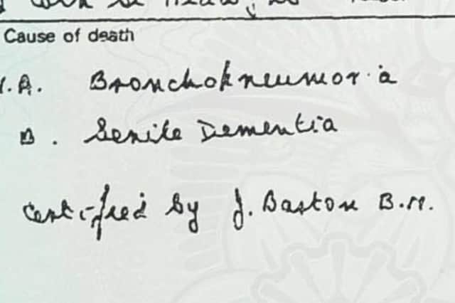 Celia Faibrother's mother May's death certificate. Picture: Chris Neill/Daily Mirror