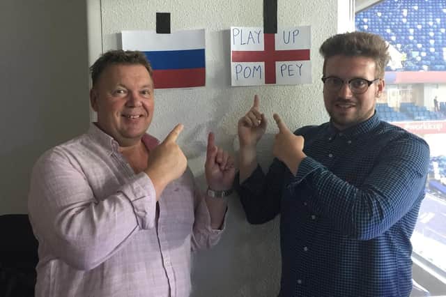 Pompey stadium announcer Lloyd Ashton, right, with Russian colleague Juri Lyubimov