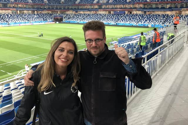 Lloyd Ashton at the Kaliningrad Stadium with Emma Saunders