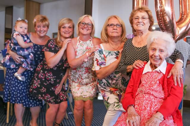 Marge Dunaway celebrates her 100th birthday with five generations of her family - Lyra one, Charlie Elkins, Eithne Widly, Helen Dowdle, Margaret Rand and Ena Elkins