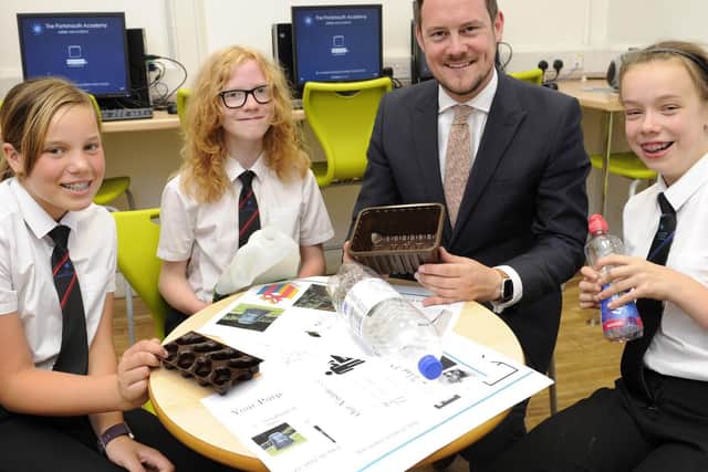 From left, Sadie Hall (13), Robin Gilmour (12), Stephen Morgan MP and Emma Pope (13). Picture: Ian Hargreaves