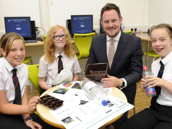 From left, Sadie Hall (13), Robin Gilmour (12), Stephen Morgan MP and Emma Pope (13). Picture: Ian Hargreaves