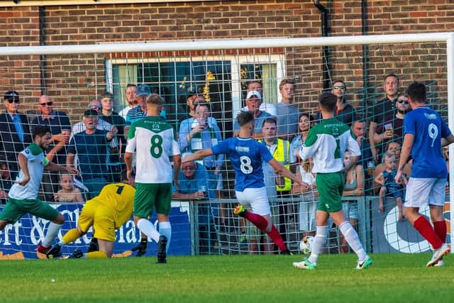 Adam May scores his second goal against the Rocks. Picture: Tommy McMillan
