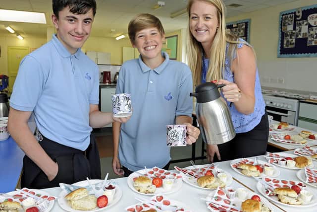From left, students Travis Underwood and Alfie Wheeler and teacher Alice Houghton.
Picture: Ian Hargreaves (180712-2_baycroft)