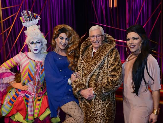 Paul O'Grady (second-right), alongside Saturday's three Blind Date contestants, including Trampagne Lovesit from Portsmouth (far-right). Picture: Channel 5