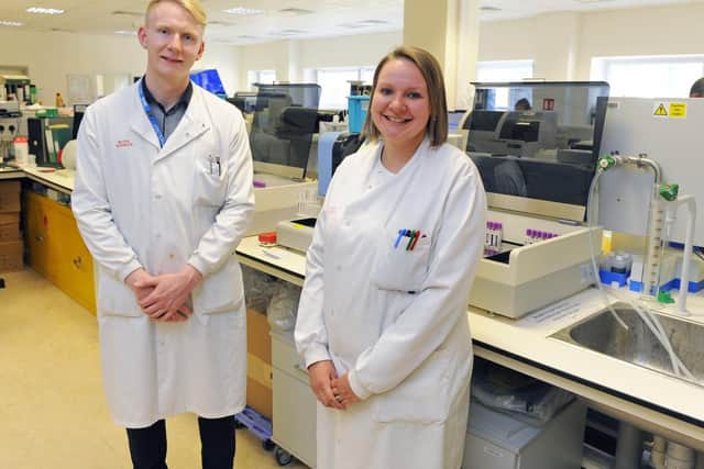Biomedical Scientist Sam Baldwin with Senior Biomedical Scientist Jenny Poynton. Picture: Malcolm Wells