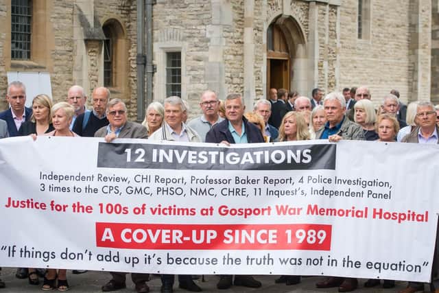 Members of the families of people who died at Gosport War Memorial Hospital outside Portsmouth Cathedral after the disclosure of the Gosport Independent Panel's report last month. Picture: Dominic Lipinski/PA Wire