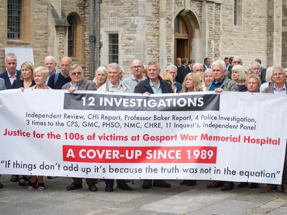 Members of the families of people who died at Gosport War Memorial Hospital outside Portsmouth Cathedral after the disclosure of the Gosport Independent Panel's report last month. Picture: Dominic Lipinski/PA Wire