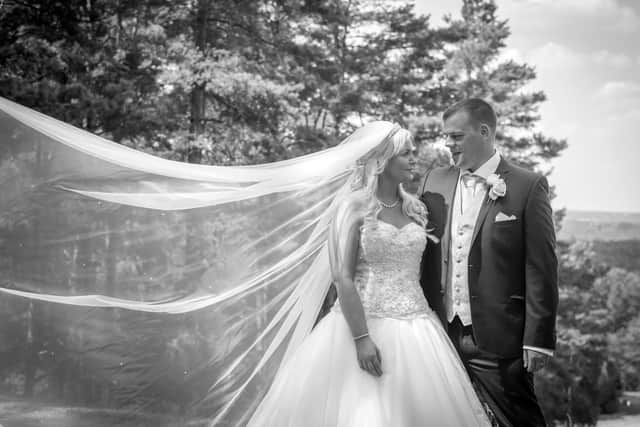 Hannah and Karl Feary on their wedding day at Old Thorns