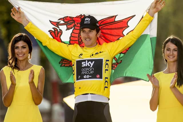 Team Sky's Geraint Thomas celebrates winning the Tour de France