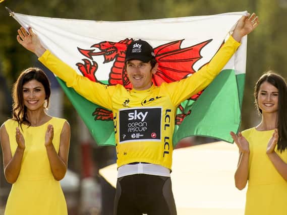 Team Sky's Geraint Thomas celebrates winning the Tour de France