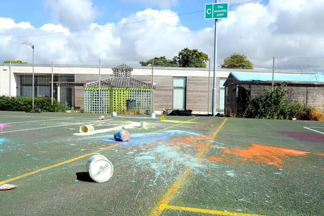 Paint spattered after a vandal attack at Marvels and Meltdowns in Gosport
Picture: Sarah Standing (180582-213)