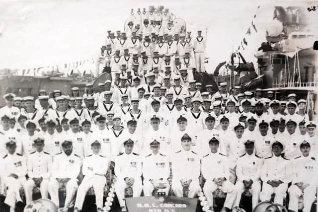 Officers and men from the destroyer HMS Concord which assisted the frigate HMS Amethyst.