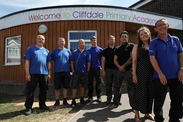 From left, Mark Hatherley, Richard Collins, Wes Hooker, Duncan Wright and Sam Tompkins (both of 2Teck Electrical), and project managers Joanna Carruthers and Gary Fitzjohn. Picture: Chris Moorhouse