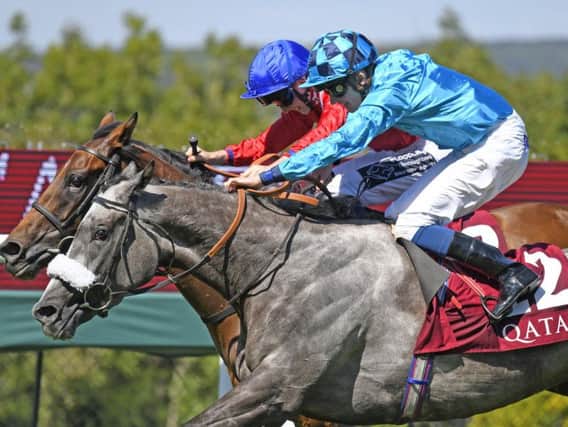 Pilaster, farthest from camera, gets up to beat Maid Up in the Lillie Langtry Stakes / Picture by Malcolm Wells