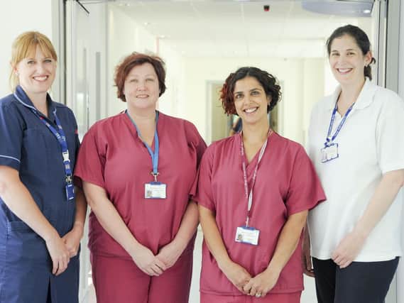 From left, nurse Charlotte Bellis, Dr Sarah Marston, Dr Yousra Ahmad and physiotherapist Erin Williams. Macmillan Cancer Support has opened its first Cancer Support Surgery School for patients at the Queen Alexandra Hospital, Portsmouth.