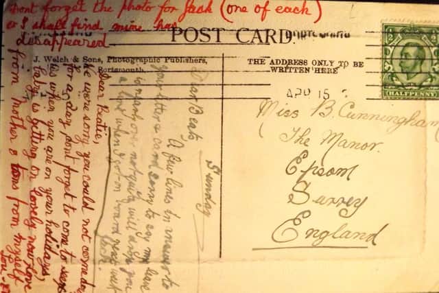 Getting his money's worth. A sailor named Jack and his wife Lou send their sentiments home from Portsmouth on a Sunday in April 1915. Picture: Robert James