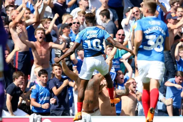 Jamal Lowe celebrates his Pompey winner. Picture: Andrew Fosker