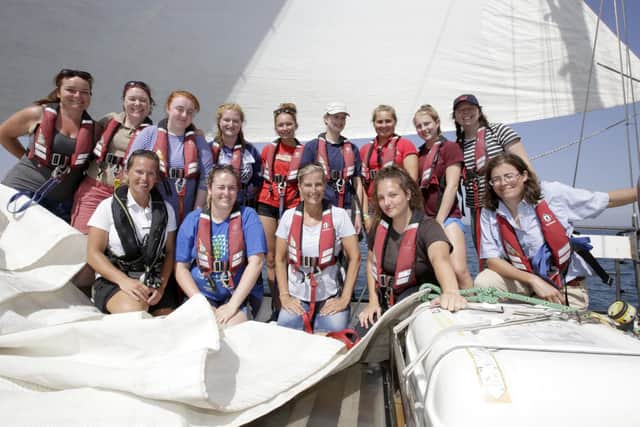 HRH The Countess of Wessex (centre) and her daughter Lady Louise Mountbatten-Windsor behind, fourth from right) join ASTO General Manager Lucy Gross (front right) and trainees from across the UK and Ireland on Donald Searle for a day sail on the Solent as part of the teens six-day  Sail Training adventure. Picture: Max Mudie for ASTO