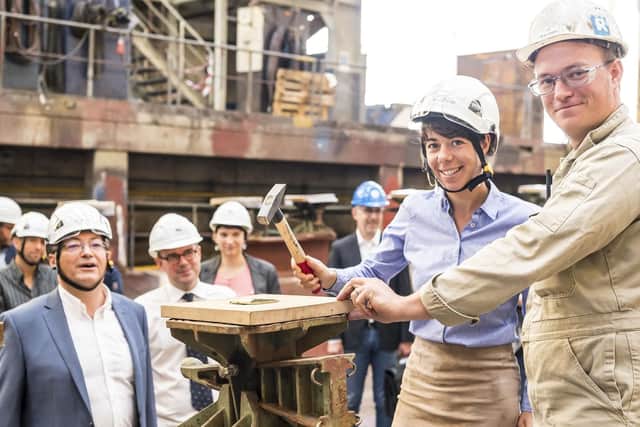 Honfleur first mate Fleur Le Derff and FSG head of building berth Michel Bollman at the keel laying ceremony. Picture: Brittany Ferries
