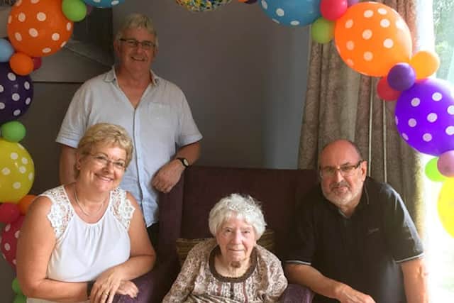 Doreen celebrated her 100th birthday with a celebration buffet at Stroud House with her nephews David Hill, John Hill and his wife Ros.