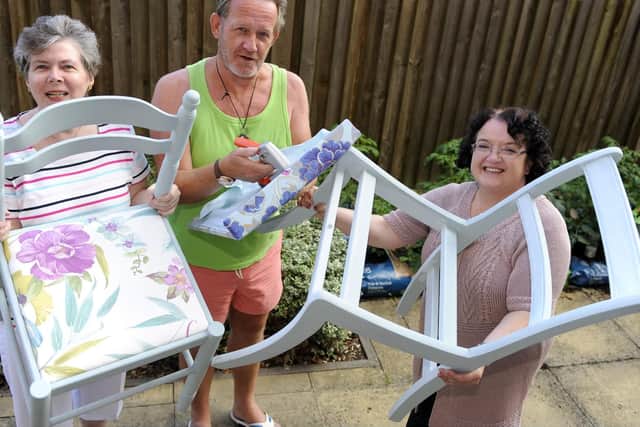 (left to right) ex-Remploy worker Caroline  Norman, with Peter Betts, a volunteer from The Job Centre, and Sian Davies also ex-Remploy