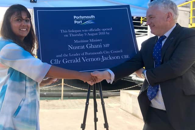 Shipping Minister Nusrat Ghani MP and Gerald Vernon-Jackson, leader of Portsmouth City Council at the unveiling of the new linkspan. Picture: Fiona Callingham