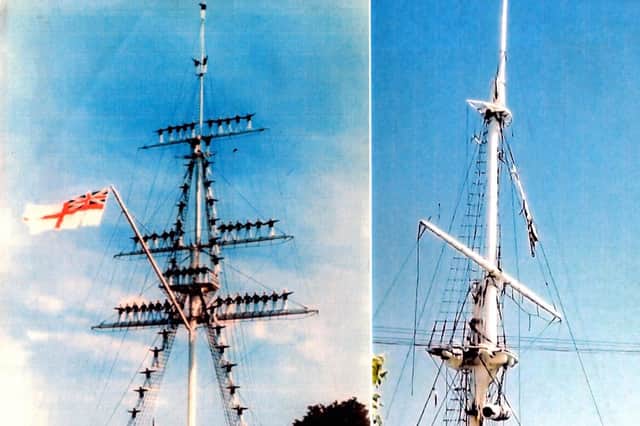 The mast at HMS Ganges in its heyday, left, and as it is today.