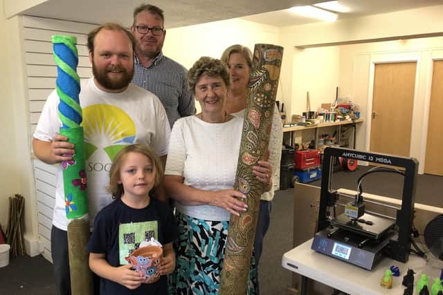 (l-r) Miles Fletcher, Jonah Trott, Shane Davies, Councillor Pam Bryant and Councillor Katrina Trott at The Crafty Makery in Fareham.