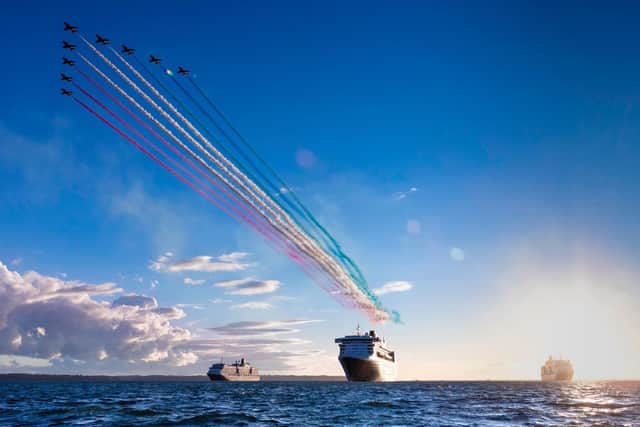 The RAF Red Arrows display team fly over Cunard's three Queens, (from left to right) Queen Victoria, Queen Mary 2 and Queen Elizabeth as the world famous ships depart Southampton. Picture: Chris Ison/ Cunard