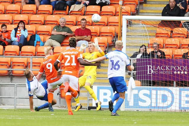 Mark Cullen scores for Blackpool. Picture: Joe Pepler