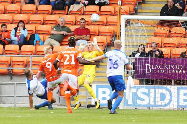 Mark Cullen scores for Blackpool. Picture: Joe Pepler