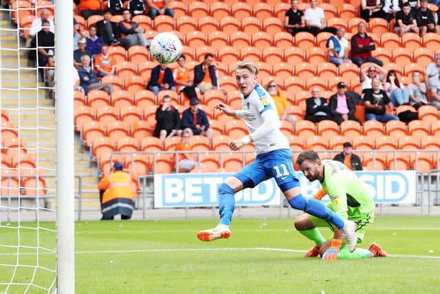Ronan Curtis nets his first goal at Blackpool. Picture: Joe Pepler