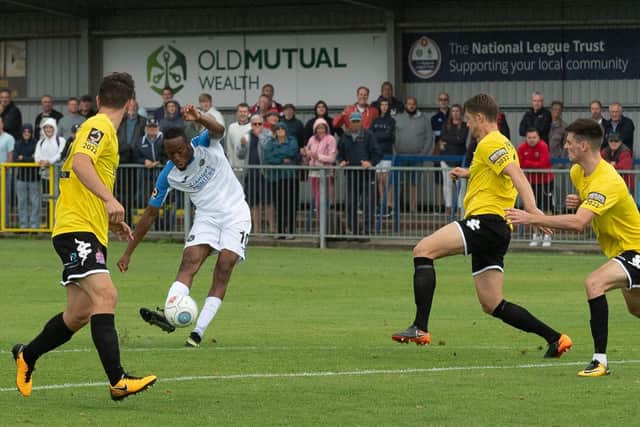 Hawks striker Nicke Kabamba nets against AFC Fylde. Picture: Keith Woodland