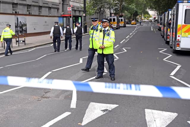 Police activity near the Houses of Parliament, Westminster in central London, after a car crashed into security barriers outside the Houses of Parliament. Picture: Victoria Jones/PA Wire