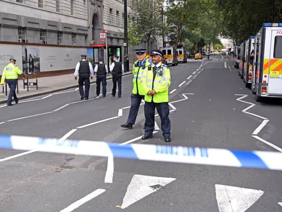 Police activity near the Houses of Parliament, Westminster in central London, after a car crashed into security barriers outside the Houses of Parliament. Picture: Victoria Jones/PA Wire