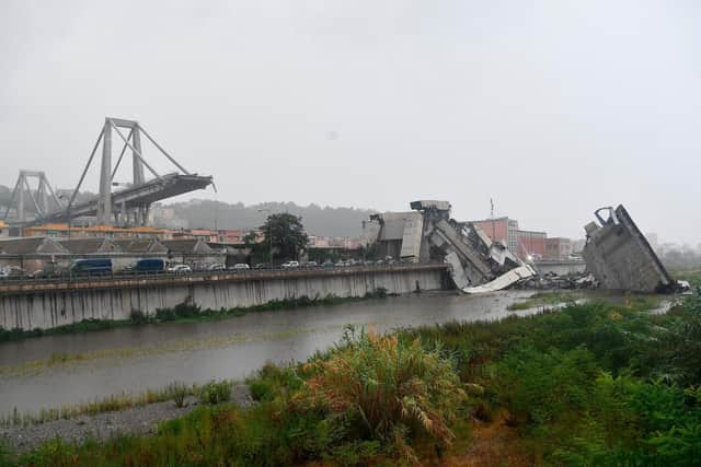 A view of the collapsed Morandi highway bridge in Genoa, northern Italy. Picture: Luca Zennaro/ANSA via AP