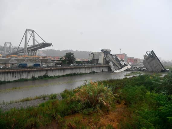 A view of the collapsed Morandi highway bridge in Genoa, northern Italy. Picture: Luca Zennaro/ANSA via AP